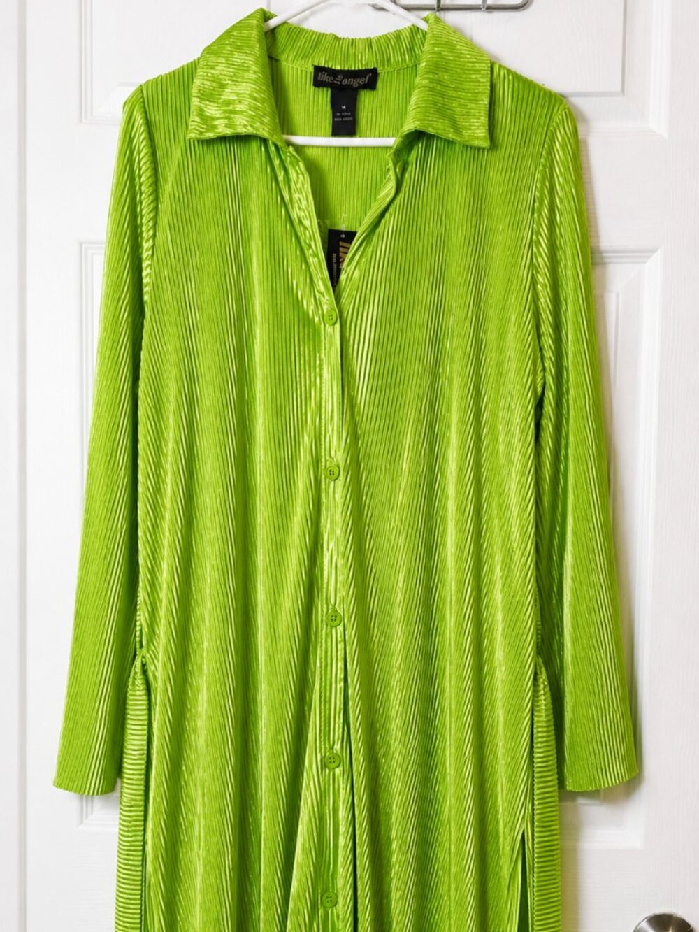 Like Angel Lime Green Pleated Shirt Dress | Size Medium | Y2K Retro Satin Midi